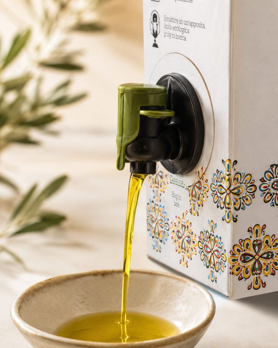 Il rubinetto del Bag-in-Box mentre versa l’olio in una ciotola