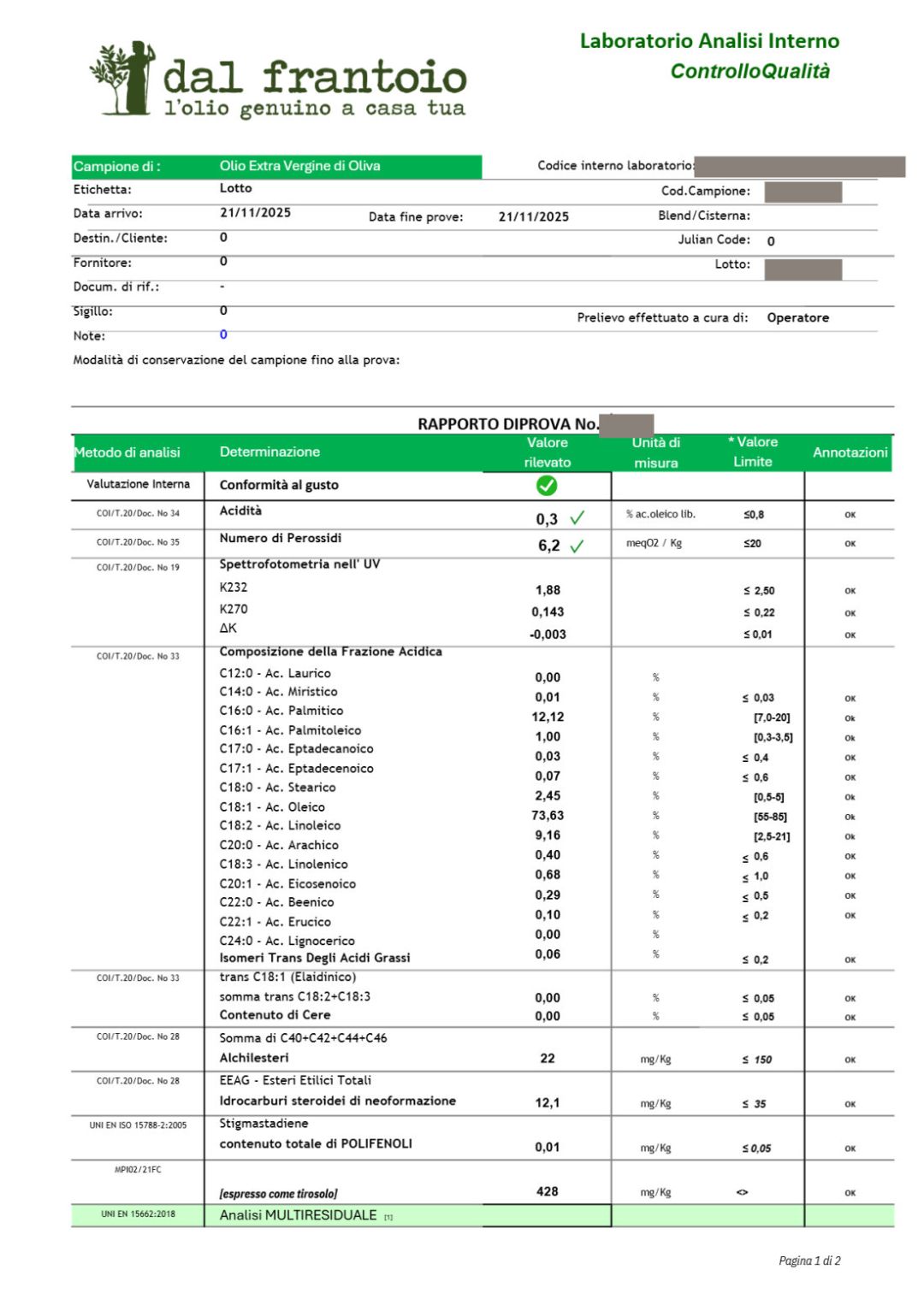 Rapporto di prova del 21/11/2025, pagina 1: acidità, perossidi, spettrofotometria UV, frazione acidica, cere, alchilesteri, stigmastadiene e polifenoli, tutti entro i limiti (codici interni oscurati)